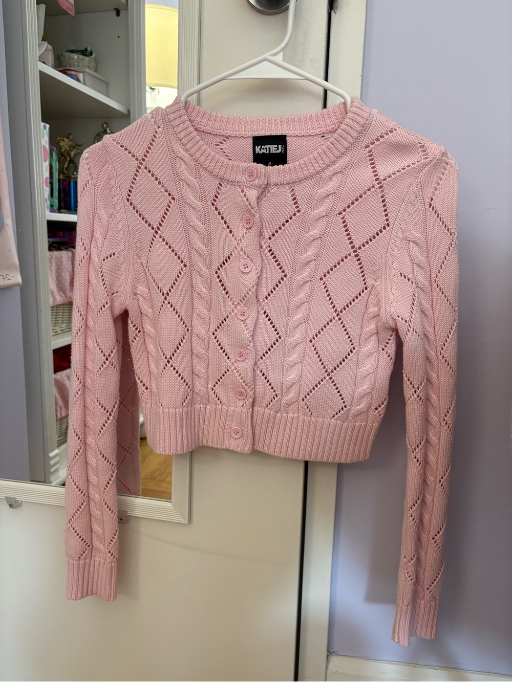 Katie J. Pink Pointelle Cable Knit Cropped Cardigan Sweater - Tween Medium